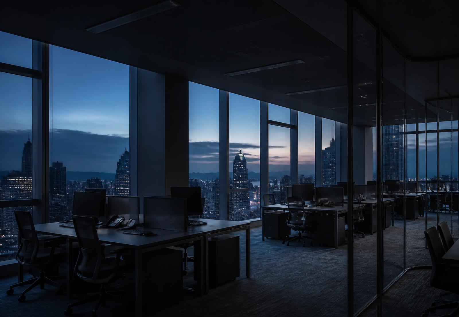 Corporate office interior with floor-to-ceiling glazing treated with commercial solar control window film