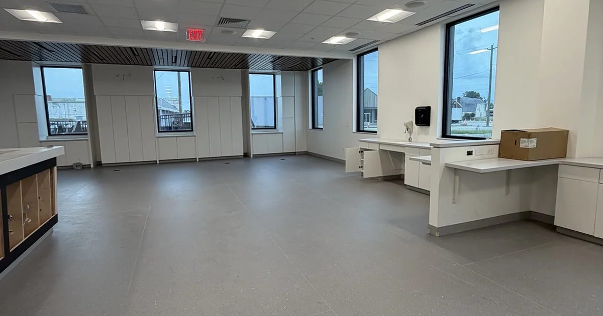 Healthcare facility interior with perimeter windows treated with solar control window film in Seaford, Delaware